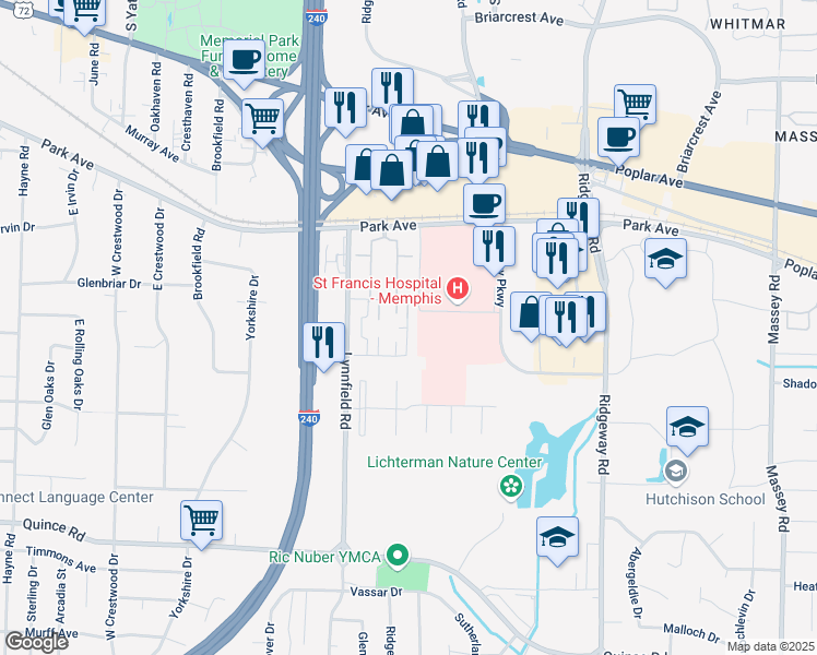 map of restaurants, bars, coffee shops, grocery stores, and more near Essex Drive in Memphis