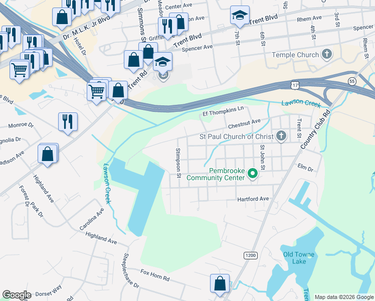 map of restaurants, bars, coffee shops, grocery stores, and more near Sycamore Street in New Bern