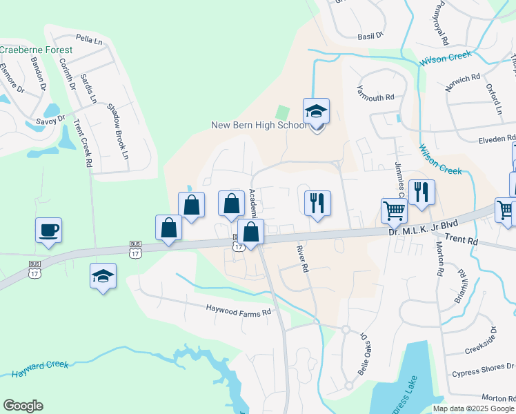 map of restaurants, bars, coffee shops, grocery stores, and more near 4011 Copperfield Drive in New Bern