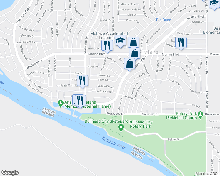 map of restaurants, bars, coffee shops, grocery stores, and more near 592 Malibu Circle North in Bullhead City