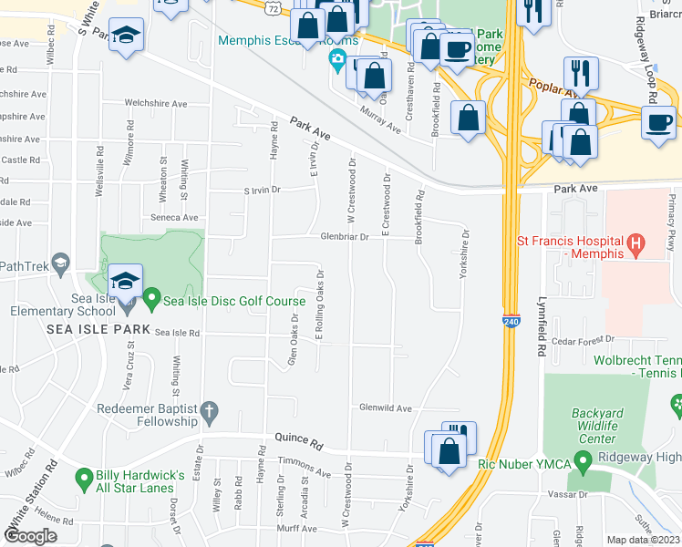 map of restaurants, bars, coffee shops, grocery stores, and more near 1279 West Crestwood Drive in Memphis