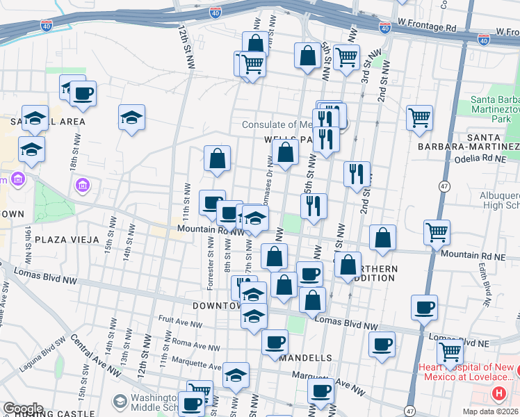 map of restaurants, bars, coffee shops, grocery stores, and more near 1131 Los Tomases Drive Northwest in Albuquerque