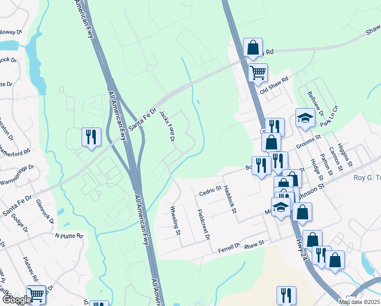 map of restaurants, bars, coffee shops, grocery stores, and more near 5066 Summer Ridge Road in Fayetteville