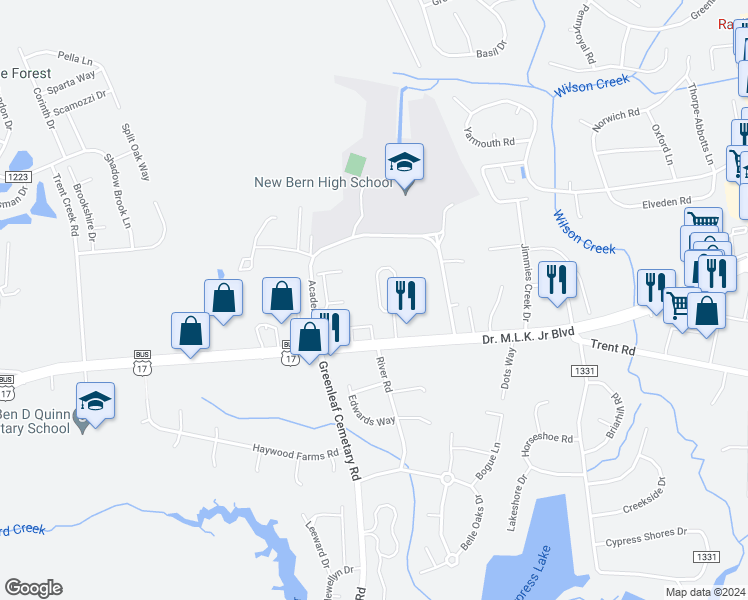 map of restaurants, bars, coffee shops, grocery stores, and more near 4228 Arbor Green Way in New Bern