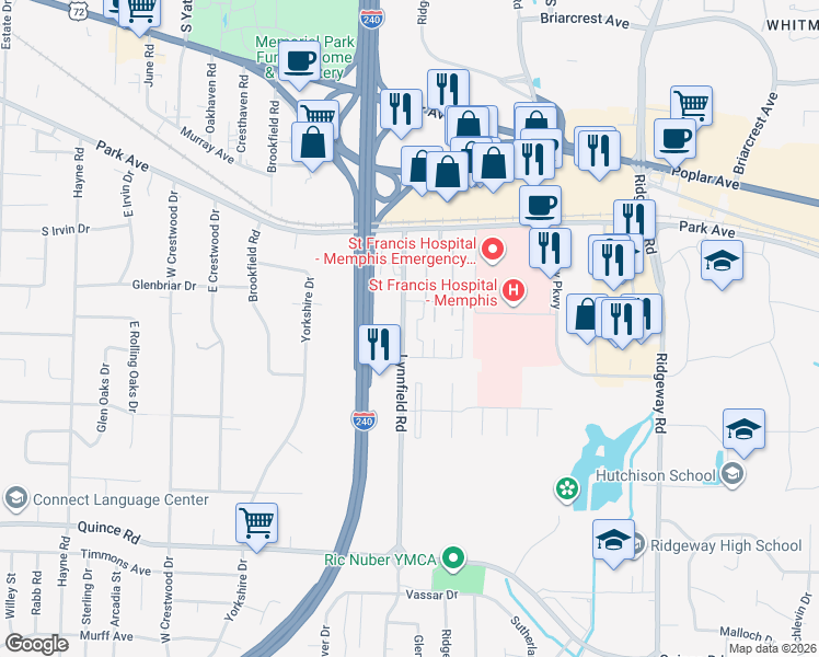 map of restaurants, bars, coffee shops, grocery stores, and more near 1257 Bristol Drive in Memphis