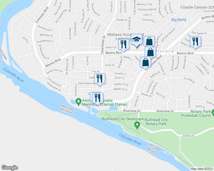 map of restaurants, bars, coffee shops, grocery stores, and more near 2126 Clearwater Drive in Bullhead City