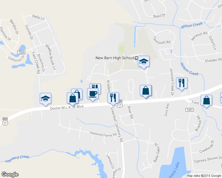 map of restaurants, bars, coffee shops, grocery stores, and more near 4011 Copperfield Drive in New Bern