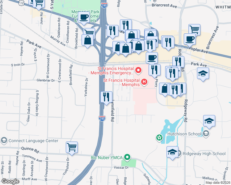 map of restaurants, bars, coffee shops, grocery stores, and more near 1257 Bristol Drive in Memphis