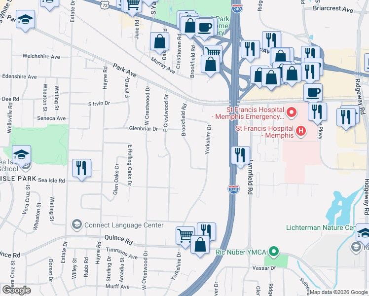 map of restaurants, bars, coffee shops, grocery stores, and more near 1272 Brookfield Road in Memphis