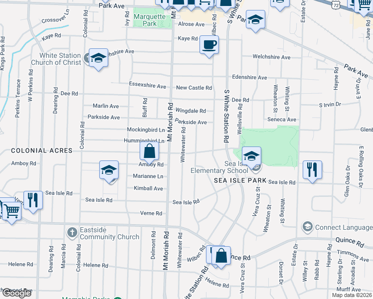 map of restaurants, bars, coffee shops, grocery stores, and more near 1271 Whitewater Road in Memphis