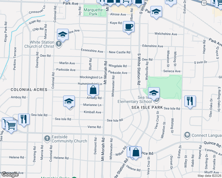 map of restaurants, bars, coffee shops, grocery stores, and more near 1271 Whitewater Road in Memphis