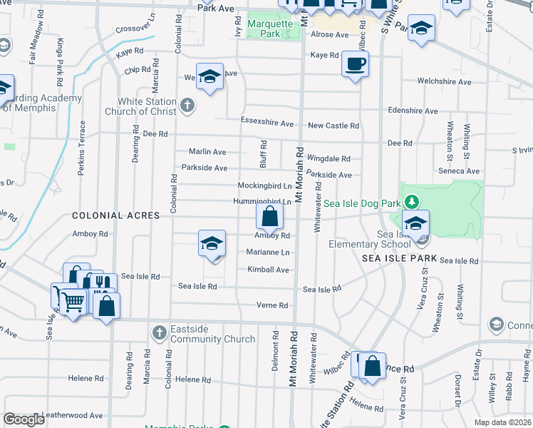 map of restaurants, bars, coffee shops, grocery stores, and more near 4915 Hummingbird Lane in Memphis
