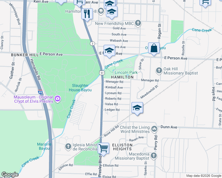 map of restaurants, bars, coffee shops, grocery stores, and more near 1396 Kimball Avenue in Memphis
