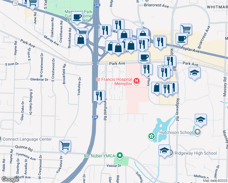 map of restaurants, bars, coffee shops, grocery stores, and more near 1257 Bristol Drive in Memphis