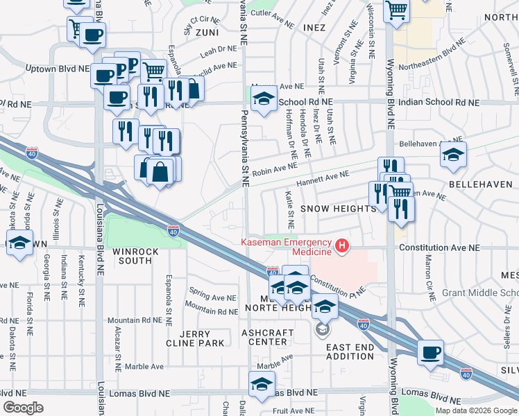 map of restaurants, bars, coffee shops, grocery stores, and more near 1408 Rhode Island Street Northeast in Albuquerque