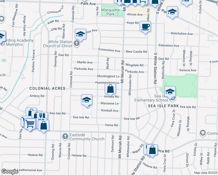 map of restaurants, bars, coffee shops, grocery stores, and more near 4915 Hummingbird Lane in Memphis