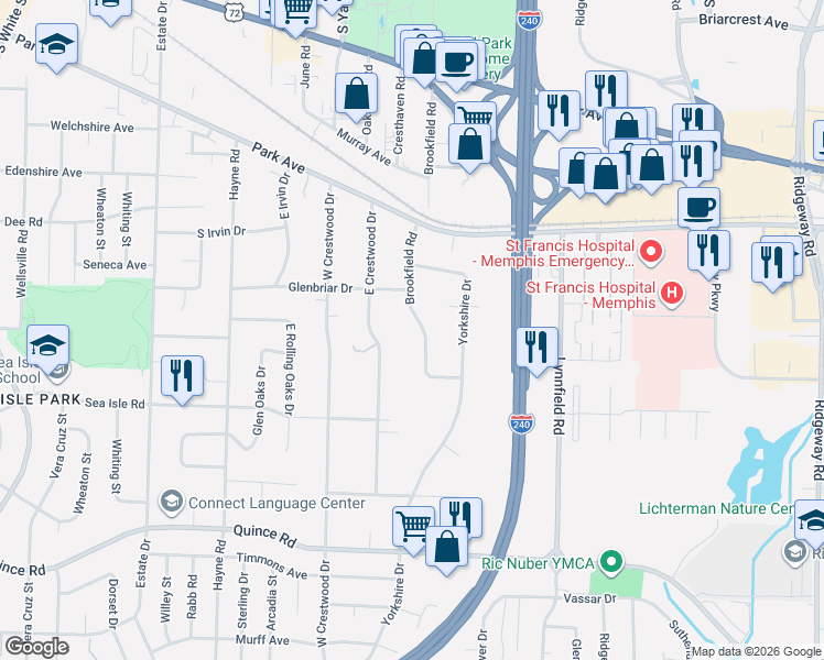 map of restaurants, bars, coffee shops, grocery stores, and more near 1272 Brookfield Road in Memphis