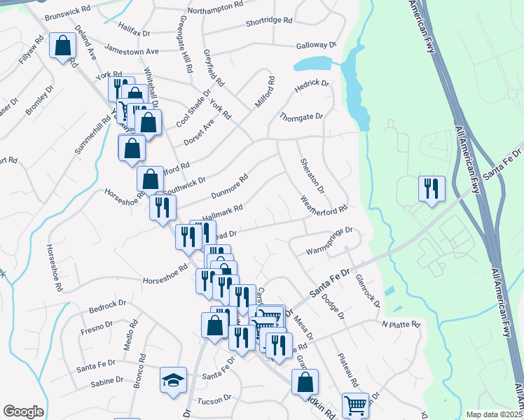 map of restaurants, bars, coffee shops, grocery stores, and more near 5707 Comstock Court in Fayetteville