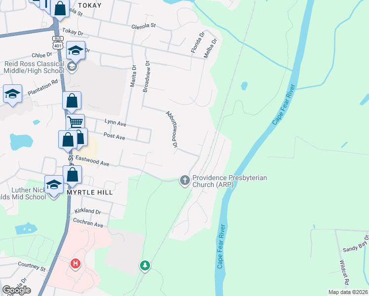 map of restaurants, bars, coffee shops, grocery stores, and more near 527 Abbottswood Drive in Fayetteville