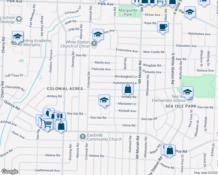 map of restaurants, bars, coffee shops, grocery stores, and more near 4827 Hummingbird Lane in Memphis