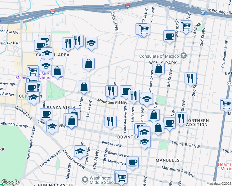map of restaurants, bars, coffee shops, grocery stores, and more near 1024 11th Street Northwest in Albuquerque