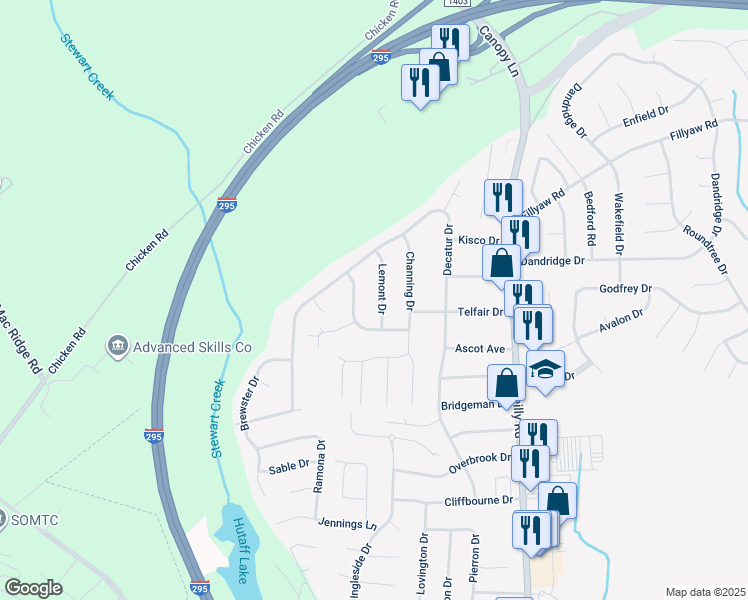 map of restaurants, bars, coffee shops, grocery stores, and more near 281 Lemont Drive in Fayetteville