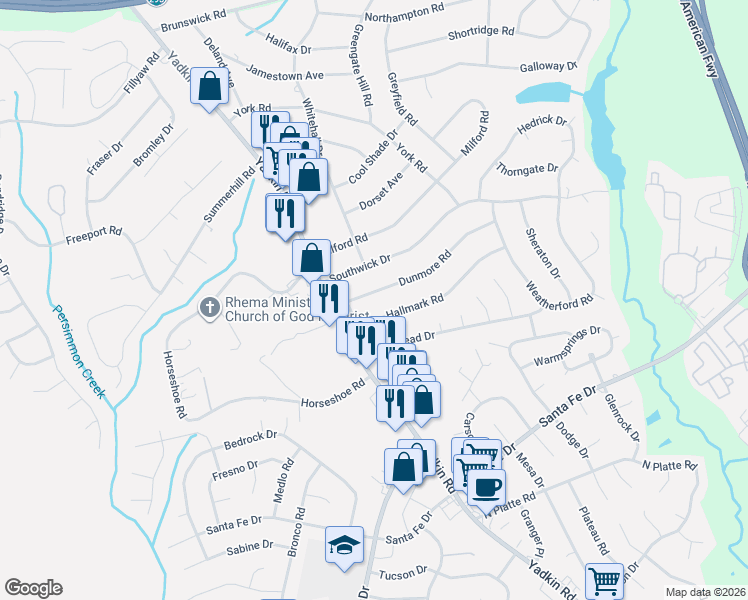 map of restaurants, bars, coffee shops, grocery stores, and more near 410 Dunmore Road in Fayetteville