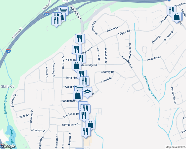 map of restaurants, bars, coffee shops, grocery stores, and more near 7248 Godfrey Drive in Fayetteville