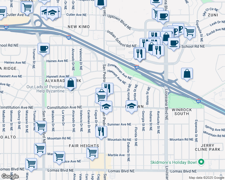 map of restaurants, bars, coffee shops, grocery stores, and more near 6018 Aspen Avenue Northeast in Albuquerque