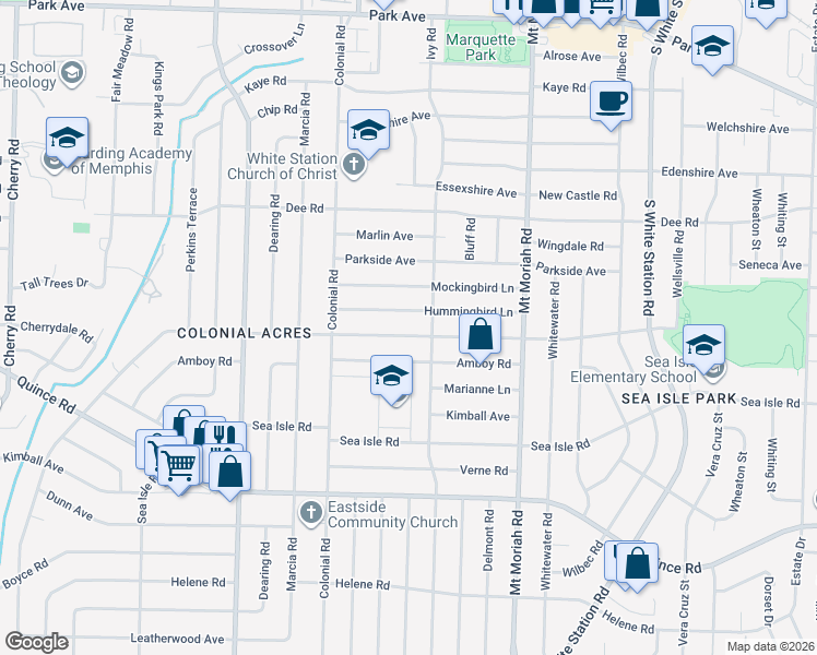 map of restaurants, bars, coffee shops, grocery stores, and more near 4827 Hummingbird Lane in Memphis