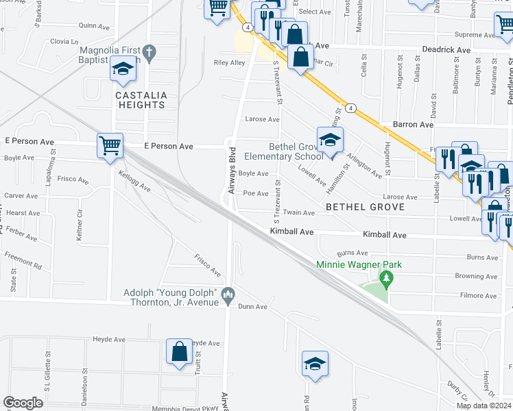 map of restaurants, bars, coffee shops, grocery stores, and more near 2301 Poe Avenue in Memphis