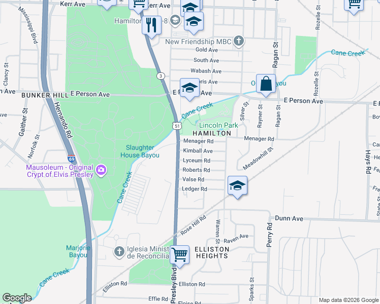 map of restaurants, bars, coffee shops, grocery stores, and more near 1396 Kimball Avenue in Memphis