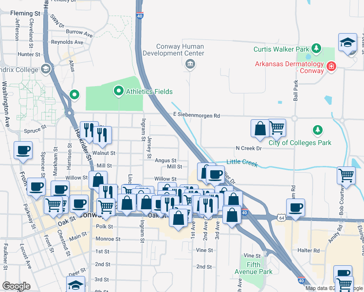 map of restaurants, bars, coffee shops, grocery stores, and more near 1308 Guernsey Drive in Conway