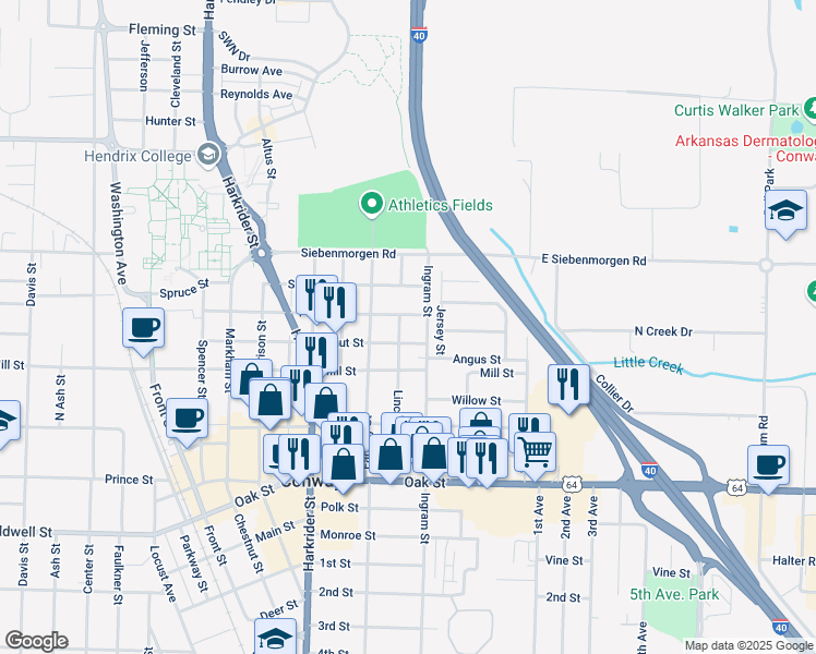 map of restaurants, bars, coffee shops, grocery stores, and more near 1272 Lincoln Street in Conway