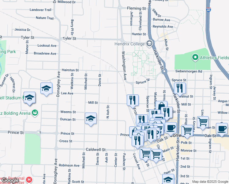 map of restaurants, bars, coffee shops, grocery stores, and more near 1311 Clifton Street in Conway