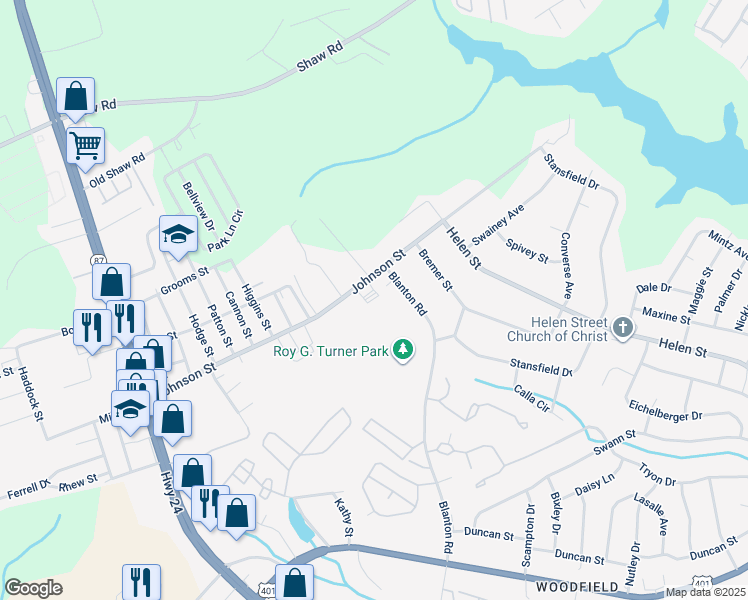map of restaurants, bars, coffee shops, grocery stores, and more near 606 Johnson Street in Fayetteville