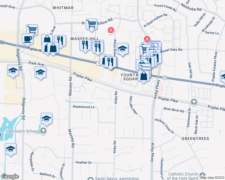 map of restaurants, bars, coffee shops, grocery stores, and more near 6510 North Oak Shadows Circle in Memphis