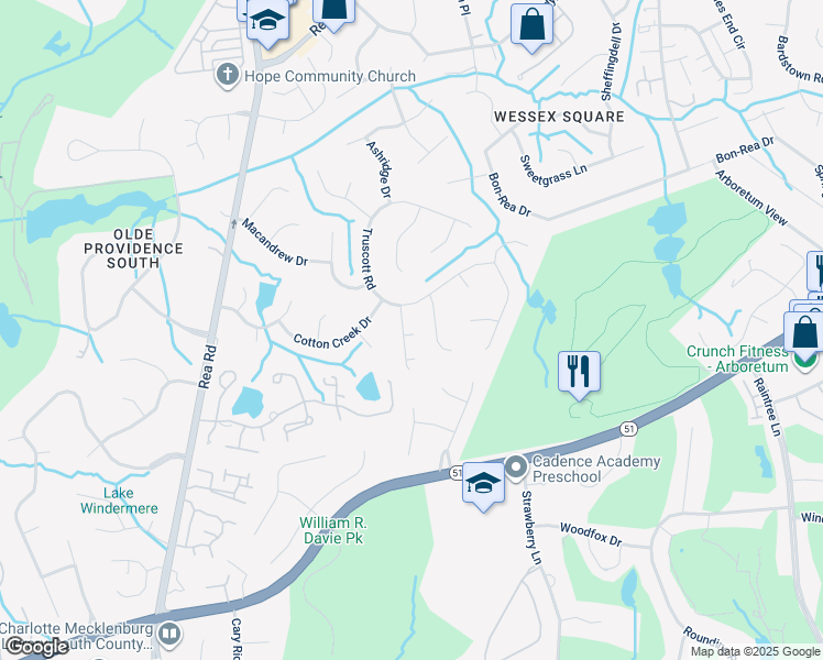 map of restaurants, bars, coffee shops, grocery stores, and more near 4744 Carberry Court in Charlotte