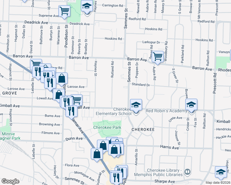 map of restaurants, bars, coffee shops, grocery stores, and more near 1286 Rutland Road in Memphis