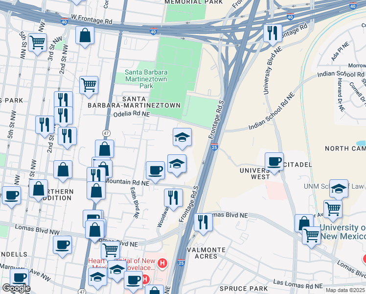 map of restaurants, bars, coffee shops, grocery stores, and more near 800 Odelia Road Northeast in Albuquerque