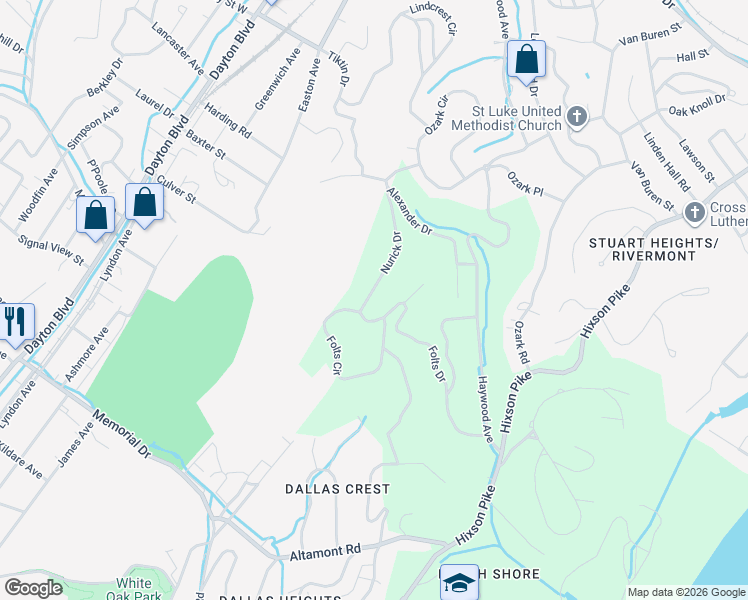 map of restaurants, bars, coffee shops, grocery stores, and more near 2926 Nurick Drive in Chattanooga