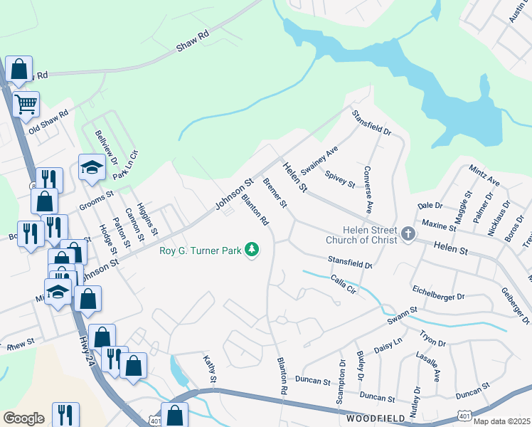 map of restaurants, bars, coffee shops, grocery stores, and more near 4724 Blanton Road in Fayetteville
