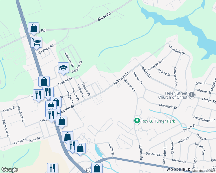 map of restaurants, bars, coffee shops, grocery stores, and more near 606 Johnson Street in Fayetteville