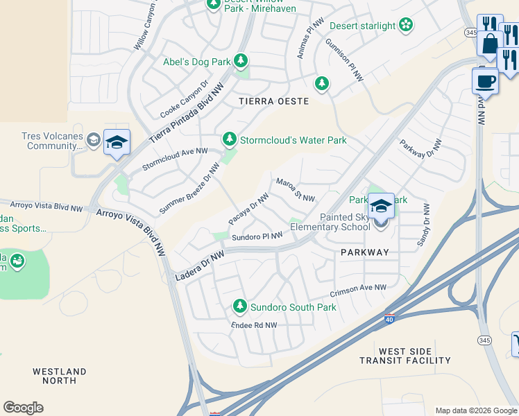 map of restaurants, bars, coffee shops, grocery stores, and more near 1044 Marapi Street Northwest in Albuquerque
