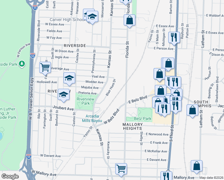 map of restaurants, bars, coffee shops, grocery stores, and more near 1854 Blair Hunt Drive in Memphis