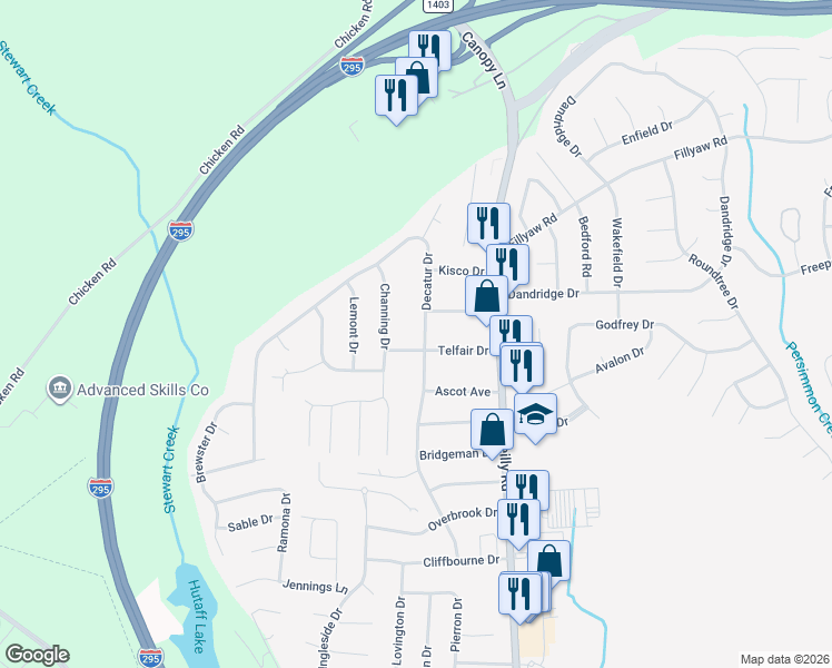 map of restaurants, bars, coffee shops, grocery stores, and more near 287-289 Decatur Drive in Fayetteville
