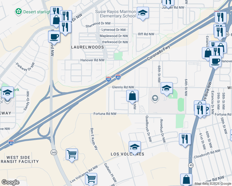 map of restaurants, bars, coffee shops, grocery stores, and more near 7401 Fremont Place Northwest in Albuquerque