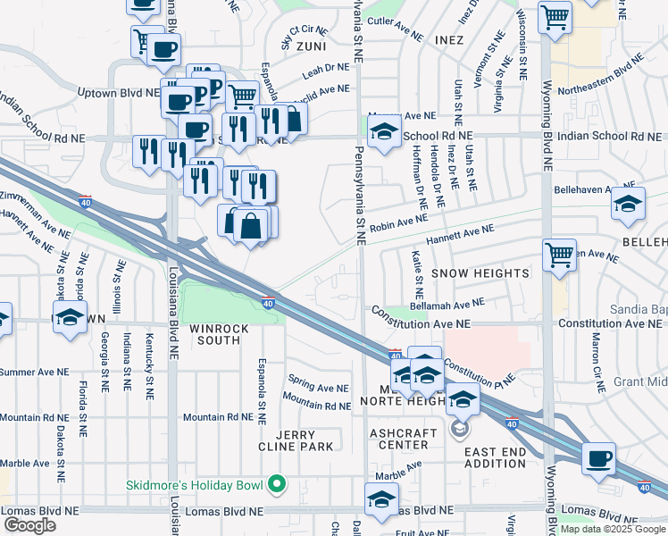 map of restaurants, bars, coffee shops, grocery stores, and more near 1401 Pennsylvania Street Northeast in Albuquerque