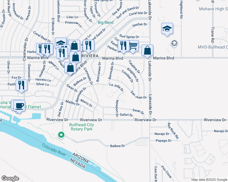 map of restaurants, bars, coffee shops, grocery stores, and more near 2159 Redwood Cove in Bullhead City