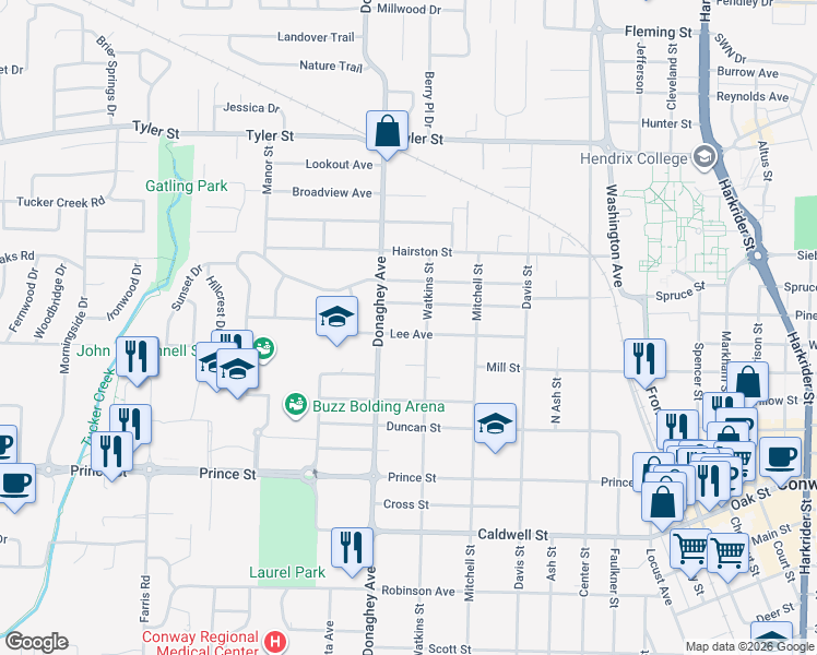 map of restaurants, bars, coffee shops, grocery stores, and more near 2016 Lee Avenue in Conway